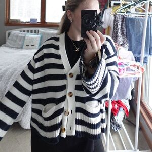By Together Navy and White Striped Cardigan